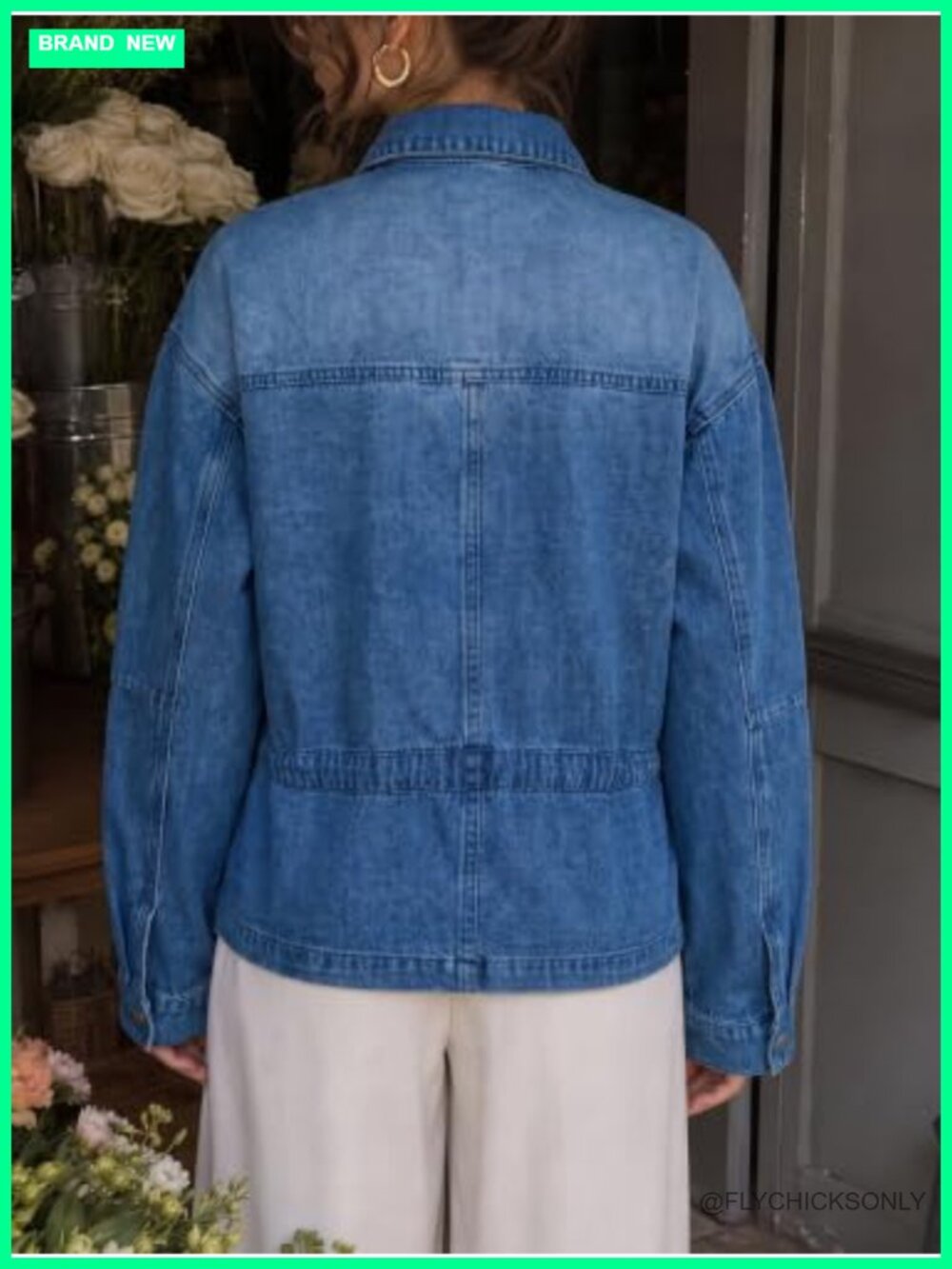Women's Drawstring Denim Jacket Button Down Collared Shacket Relaxed Fit - Picture 3 of 6